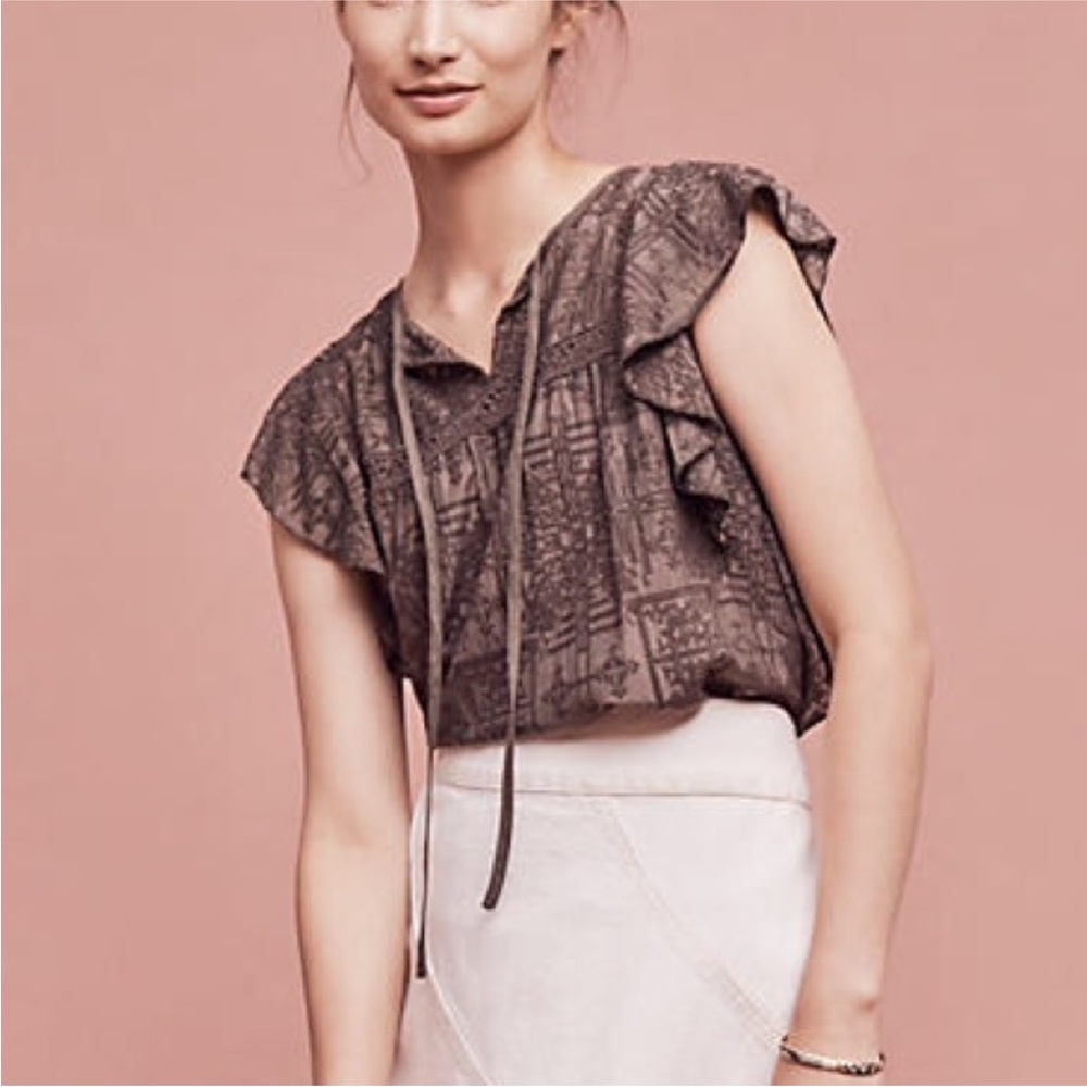 Anthropologie Hiche Embroidered Flutter Olive Green Blouse Small